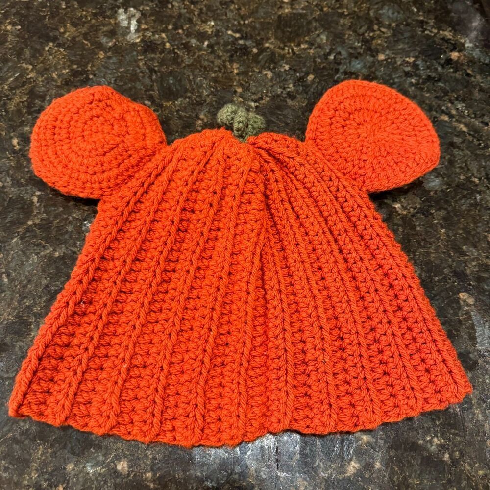 Crochet Pumpkin Disney Mickey Mouse Hat Ears Beanie Handmade Halloween Fall Park